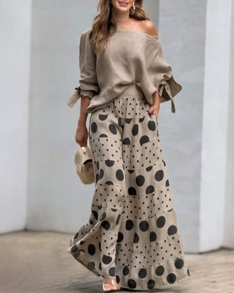 A model wearing the Zeagoo Fashion Slant-Shoulder Top and Polka-Dot Print Pants Matching Set, highlighting the best in fun and trendy Womens Summer Dresses 2026 fashion