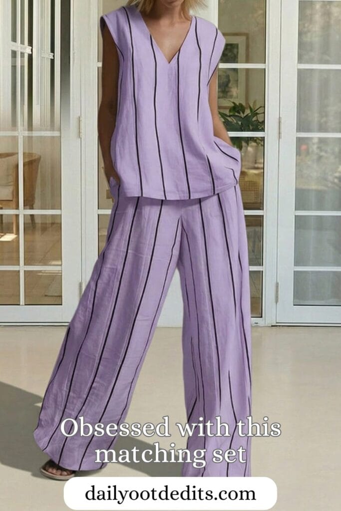 A trendy woman wearing the Zeagoo Premium Stripe Tank and Pants Matching Set in lavender, showcasing the best in breezy Womens Summer Dresses 2026 fashion.