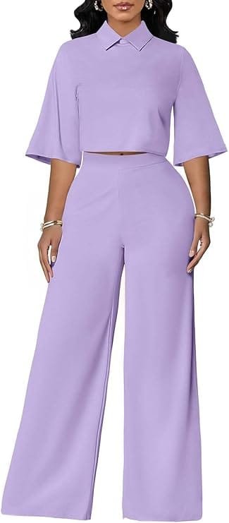 Business Casual Outfits for Women: 15 Best Work-Ready Looks for 2026 11 Professional light purple two-piece business casual pantsuit for women featuring a 3/4 sleeve lapel collar top and matching wide-leg trousers, styled for modern corporate and office wear.