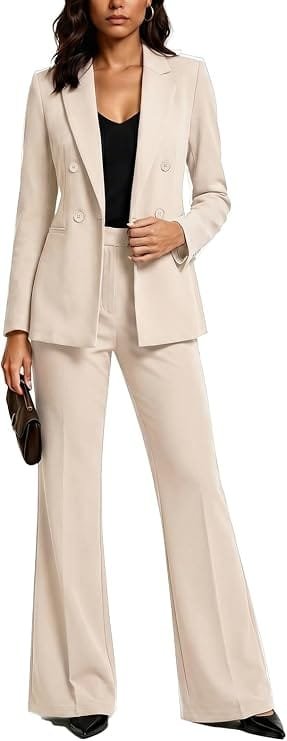 Business Casual Outfits for Women: 15 Best Work-Ready Looks for 2026 3 Professional apricot two-piece business casual pantsuit for women featuring a long-sleeve double-breasted blazer and matching high-waisted bootcut pants, styled with a black top and heels for an office look.