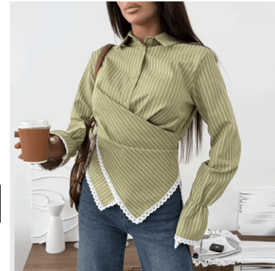 25 Minimalist Capsule Wardrobe Essentials 2026 | Timeless Pieces Every Woman Needs 6 Close-up shot of a fashionable women's autumn long-sleeve blouse with intricate lace patchwork details and a lapel collar, showcased in various colors like Wine Red, White, and Green, styled for a modern 2026 fashion aesthetic.