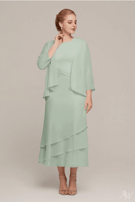 15 Elegant Mother of the Bride Gowns with Sleeves for 2026 6 Elegant AW Babette sage green mother of the bride dress, designed with a flowy, sophisticated silhouette ideal for formal wedding guest attire.