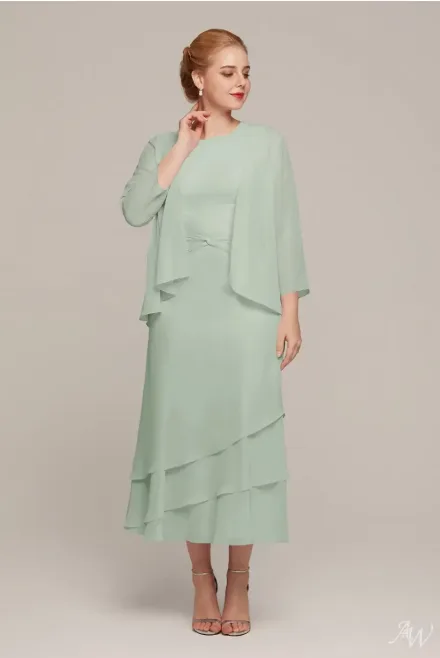 Elegant AW Babette sage green mother of the bride dress, designed with a flowy, sophisticated silhouette ideal for formal wedding guest attire.