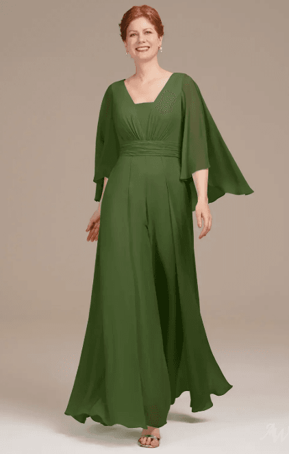 15 Elegant Mother of the Bride Gowns with Sleeves for 2026 13 Elegant AW Bessie green olive mother of the bride dress, featuring a flattering silhouette perfect for formal wedding guest attire.