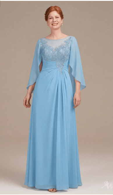 15 Elegant Mother of the Bride Gowns with Sleeves for 2026 15 Elegant AW Gloria baby blue mother of the bride dress, featuring a sophisticated silhouette perfect for formal wedding guest attire.