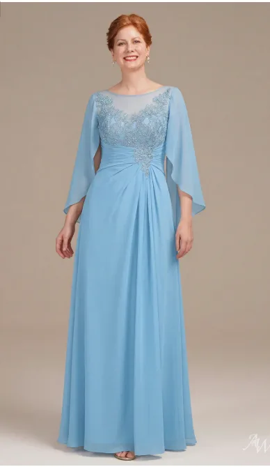 Elegant AW Gloria baby blue mother of the bride dress, featuring a sophisticated silhouette perfect for formal wedding guest attire.