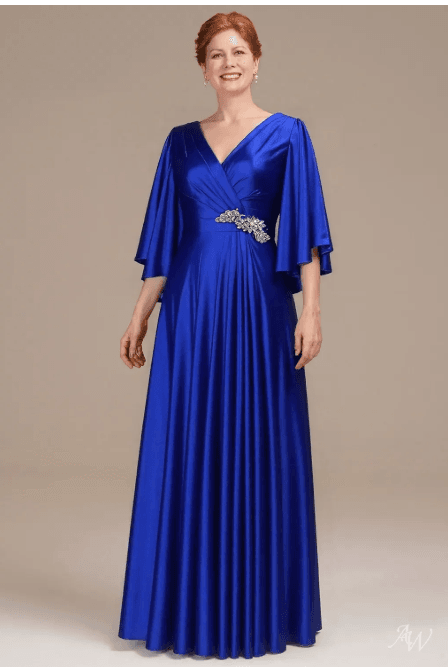 15 Elegant Mother of the Bride Gowns with Sleeves for 2026 14 Elegant AW Leslie sapphire mother of the bride dress, featuring a sophisticated silhouette perfect for formal wedding guest attire.