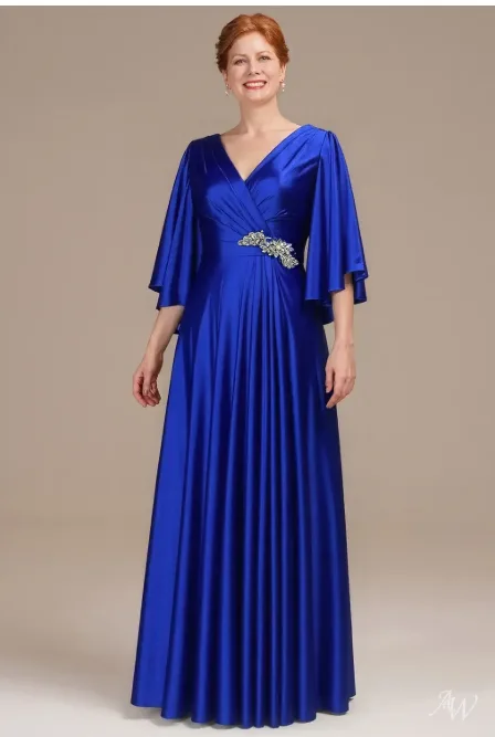 Elegant AW Leslie sapphire mother of the bride dress, featuring a sophisticated silhouette perfect for formal wedding guest attire.