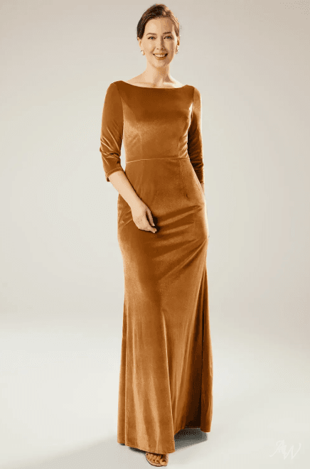 15 Elegant Mother of the Bride Gowns with Sleeves for 2026 5 Elegant AW Lynn burnished gold mother of the bride dress, featuring a luxurious texture and flattering silhouette for formal wedding guests.