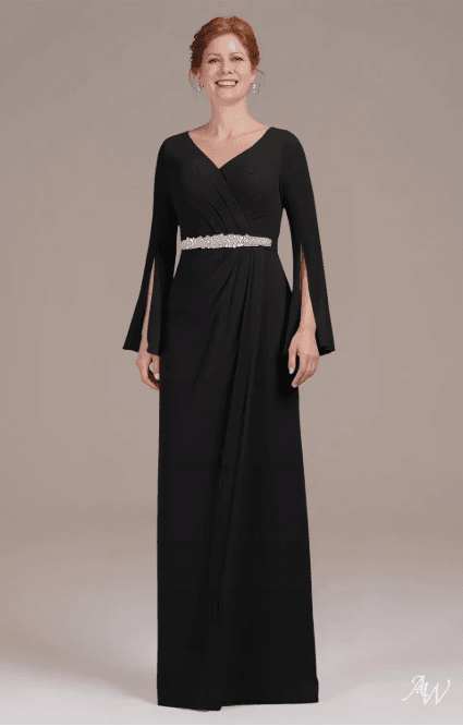 15 Elegant Mother of the Bride Gowns with Sleeves for 2026 9 Elegant AW Mikayla black mother of the bride dress, featuring a sophisticated and tailored silhouette for formal wedding guest attire.