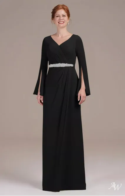Elegant AW Mikayla black mother of the bride dress, featuring a sophisticated and tailored silhouette for formal wedding guest attire.