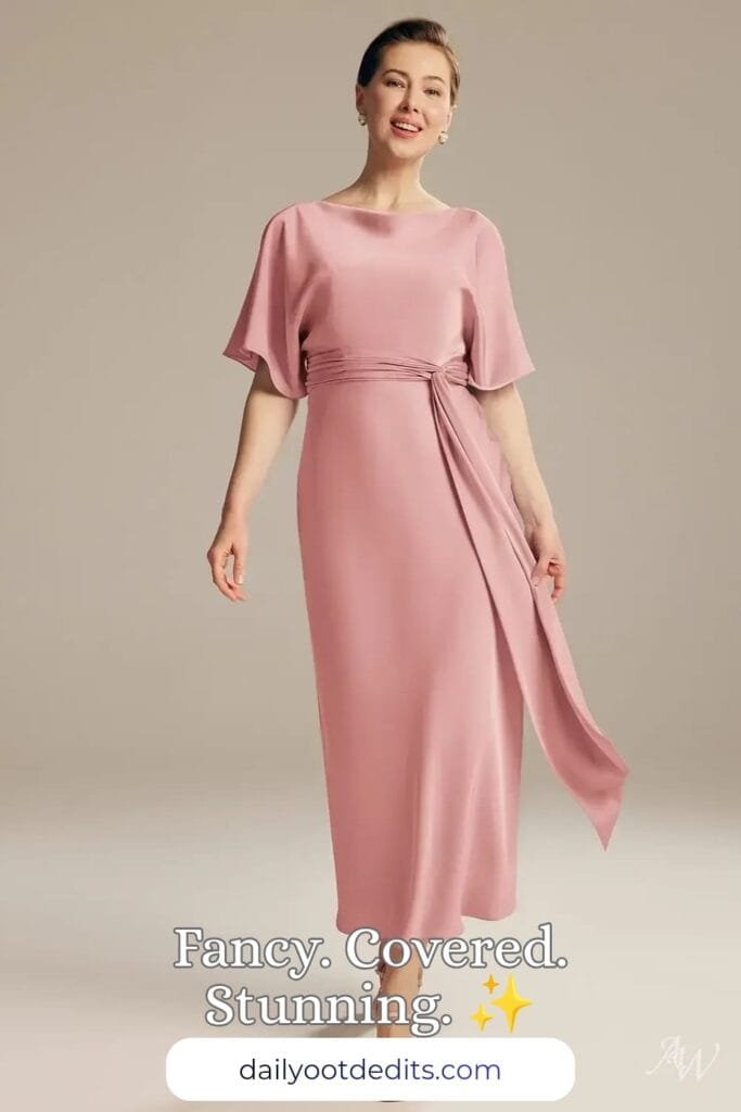 15 Elegant Mother of the Bride Gowns with Sleeves for 2026 3 Elegant AW Romula satin charmeuse mother of the bride dress in rose quartz, featuring a graceful drape and sophisticated style for formal wedding ceremonies