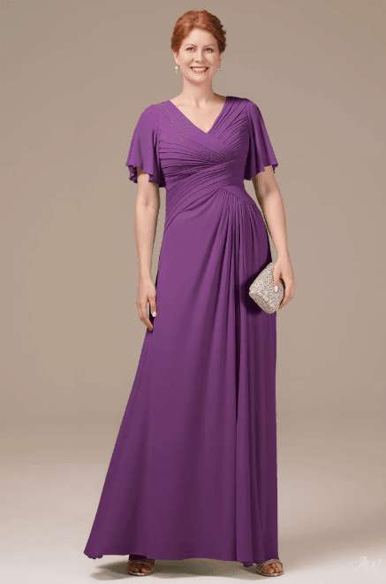 15 Elegant Mother of the Bride Gowns with Sleeves for 2026 12 Elegant AW Tori deep purple mother of the bride dress, featuring a sophisticated silhouette and comfortable fit for formal wedding guests.