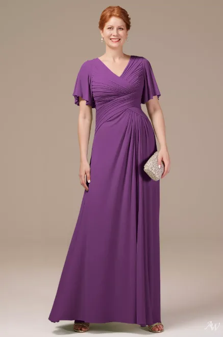 Elegant AW Tori deep purple mother of the bride dress, featuring a sophisticated silhouette and comfortable fit for formal wedding guests.