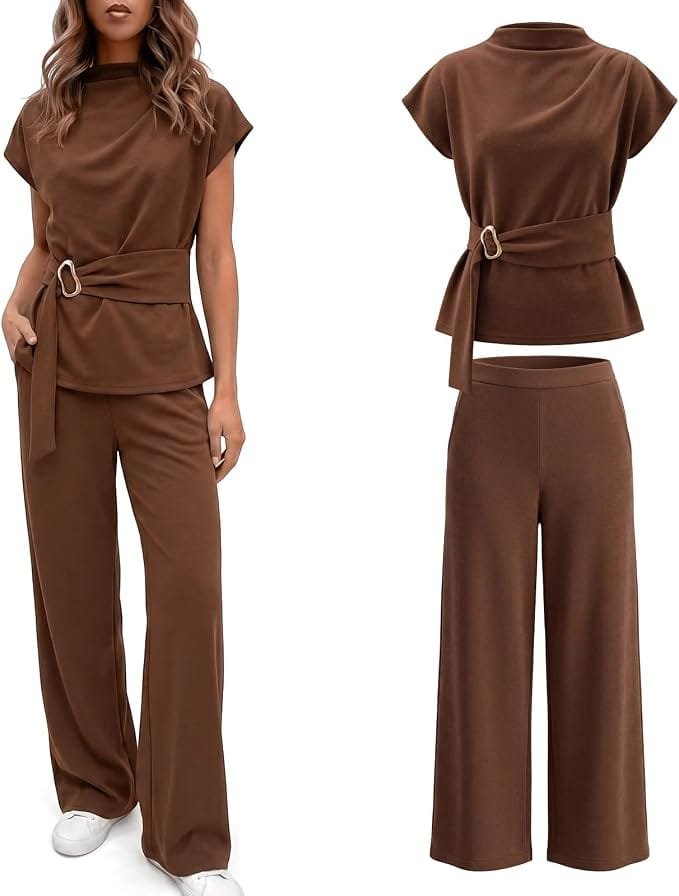 Elegant Summer Outfits 2026: Effortlessly Chic Looks You'll Love 21 Fashion model wearing elegant summer outfits featuring the Bunnycool coffee cap-sleeve buckle tunic and wide-leg pant set, styled for a business casual look in the UK and USA.