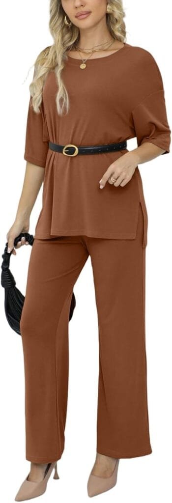 Elegant Summer Outfits 2026: Effortlessly Chic Looks You'll Love 18 Fashion model wearing elegant summer outfits featuring the CAENP coffee gray two-piece short sleeve pullover top and wide-leg lounge pants, styled for a business casual look in the UK and USA.