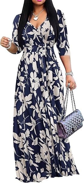 Elegant Summer Outfits 2026: Effortlessly Chic Looks You'll Love 2 Fashion influencer wearing elegant summer outfits featuring a floral wrap maxi dress with 3/4 sleeves and pockets, styled for a chic vacation look in the US and UK.