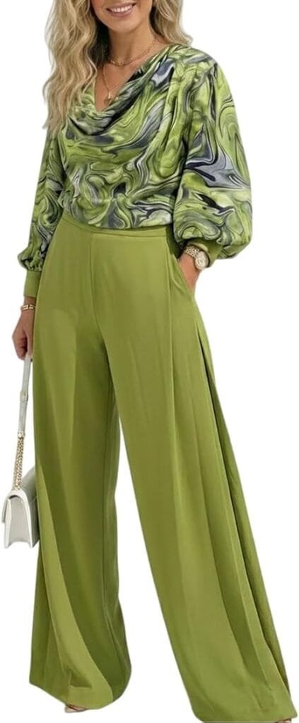 Elegant Summer Outfits 2026: Effortlessly Chic Looks You'll Love 4 Fashion model wearing elegant summer outfits featuring an abstract print cowl neck lantern sleeve crop top and wide-leg trousers pant set in green, styled for a modern street look in the US and UK. Elegant summer outfits