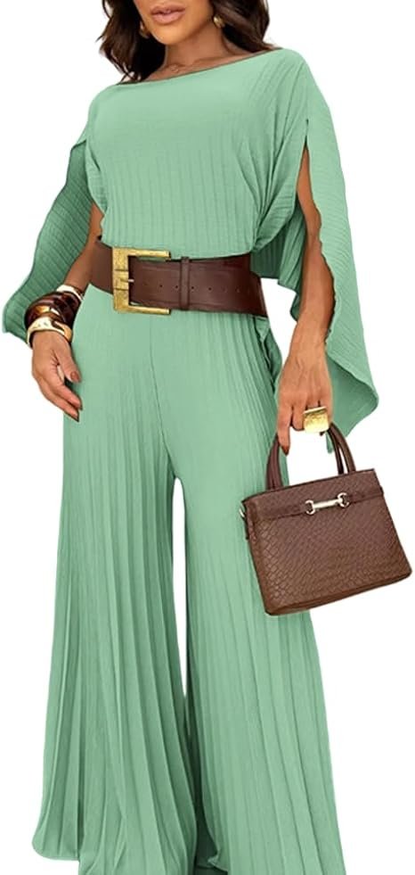 Elegant Summer Outfits 2026: Effortlessly Chic Looks You'll Love 3 Fashion model wearing elegant summer outfits featuring a light green pleated 3-piece one-shoulder top and wide-leg trousers set, styled for a luxury vacation in the UK and USA.