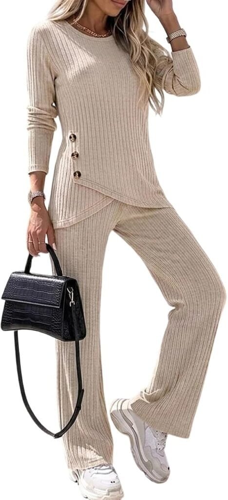 Elegant Summer Outfits 2026: Effortlessly Chic Looks You'll Love 15 Fashion model wearing elegant summer outfits featuring the CHICME apricot ribbed knit long-sleeve button accent top and wide-leg pants lounge set, styled for a chic airport travel look in the UK and USA.