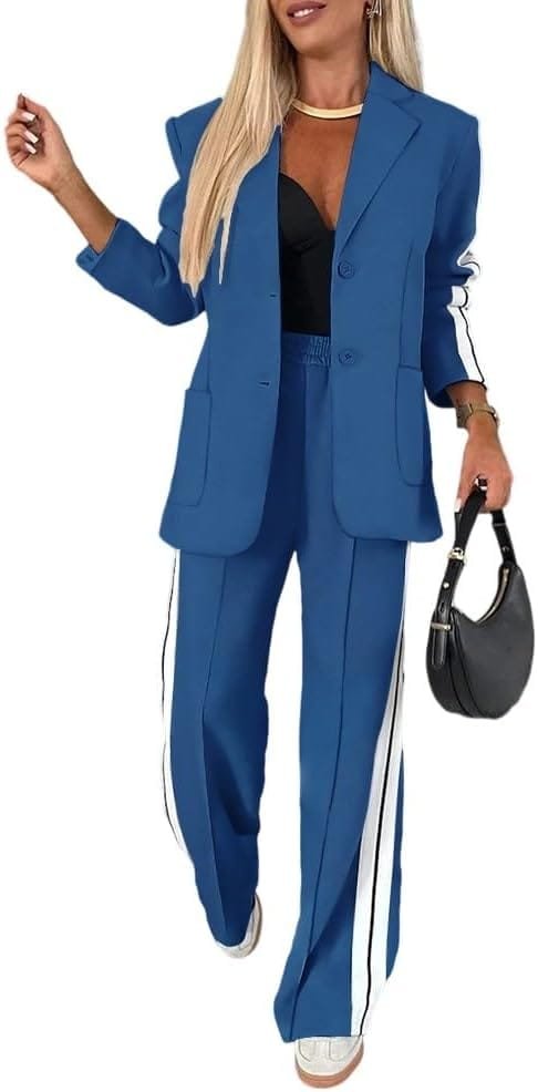 Business Casual Outfits for Women: 15 Best Work-Ready Looks for 2026 4 Professional striped two-piece business casual pant suit for women featuring a button-accented blazer and matching trousers, styled for modern corporate office and professional commute wear.
