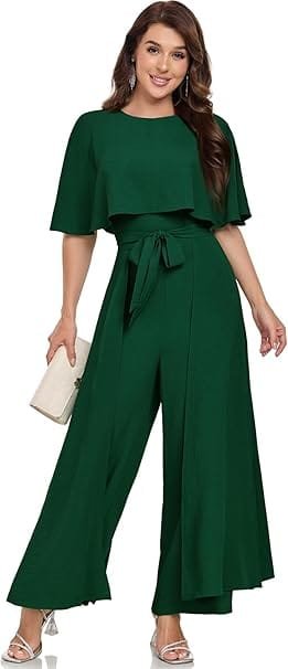Elegant Summer Outfits 2026: Effortlessly Chic Looks You'll Love 9 Fashion model wearing elegant summer outfits featuring a dark green DGHBVS formal cape sleeve belted wide-leg jumpsuit, styled for an upscale evening wedding party in the UK and USA.