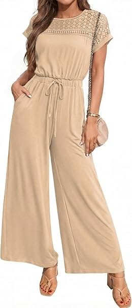 Elegant Summer Outfits 2026: Effortlessly Chic Looks You'll Love 7 Fashion model wearing elegant summer outfits featuring a Dokotoo green short-sleeve wide-leg jumpsuit with crochet shoulder accents, styled for a chic vacation look in the UK and USA.
