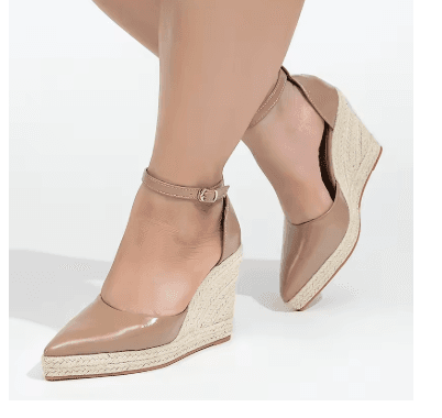 25 Minimalist Capsule Wardrobe Essentials 2026 | Timeless Pieces Every Woman Needs 26 A pair of elegant beige EAGSITY wedge sandals with an ankle strap and pointed toe, styled as a versatile piece for a 2026 capsule wardrobe.