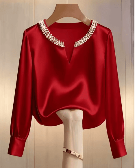 25 Minimalist Capsule Wardrobe Essentials 2026 | Timeless Pieces Every Woman Needs 3 Close-up of an elegant long-sleeve satin blouse with intricate beadwork along the V-neck, shown in multiple color options like Dark Brown, Green, Beige, and Red; styled for an elegant, formal, and sophisticated office-ready appearance.