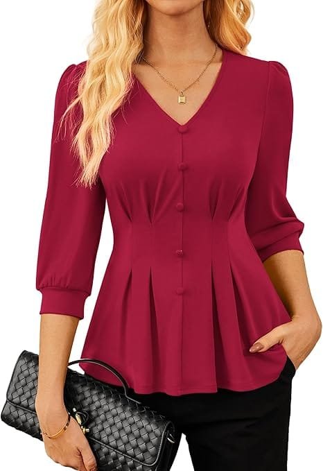 Elegant Summer Outfits 2026: Effortlessly Chic Looks You'll Love 17 Fashion model wearing elegant summer outfits featuring a GRACE KARIN burgundy V-neck 3/4 sleeve peplum blouse, styled for an office work and business casual look in the UK and USA