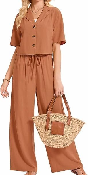 Elegant Summer Outfits 2026: Effortlessly Chic Looks You'll Love 8 Fashion model wearing elegant summer outfits featuring the HMICQU light brown linen short-sleeve button-down shirt and wide-leg pants set, styled for a chic summer work environment in the UK and USA.