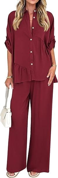 Elegant Summer Outfits 2026: Effortlessly Chic Looks You'll Love 19 Fashion model wearing elegant summer outfits featuring the KIRUNDO burgundy button-down shirt and wide-leg trousers set, styled for a business casual look in the UK and USA.