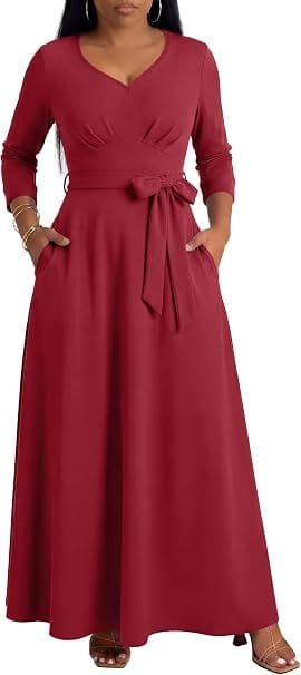 Elegant Summer Outfits 2026: Effortlessly Chic Looks You'll Love 12 Fashion model wearing elegant summer outfits featuring a wine red MarryUP 3/4 sleeve V-neck semi-formal maxi dress with belt and pockets, styled for a wedding guest in the UK and USA.