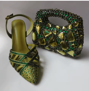 25 Minimalist Capsule Wardrobe Essentials 2026 | Timeless Pieces Every Woman Needs 16 A luxury olive green women's shoe and handbag set featuring dazzling rhinestones, styled as a key piece among formal capsule wardrobe essentials for a 2026 wedding or party look.