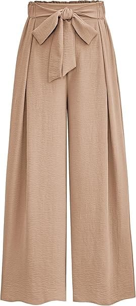 Elegant Summer Outfits 2026: Effortlessly Chic Looks You'll Love 16 Fashion model wearing elegant summer outfits featuring PRETTYGARDEN camel high-waisted wide-leg palazzo work trousers with a tie front, styled for an office interview in the UK and USA.