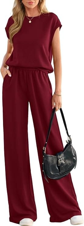 Business Casual Outfits for Women: 15 Best Work-Ready Looks for 2026 15 Burgundy cap-sleeve top and wide-leg trousers two-piece business casual outfit for women, styled for hybrid office and everyday work wear.
