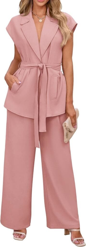 Business Casual Outfits for Women: 15 Best Work-Ready Looks for 2026 12 Professional summer two-piece business casual outfit for women featuring a cap-sleeve V-neck blazer vest and matching high-waisted wide-leg trousers, styled for modern office and warm-weather workwear.