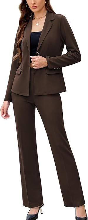 Business Casual Outfits for Women: 15 Best Work-Ready Looks for 2026 5 Professional solid-color two-piece business casual pantsuit for women featuring a long-sleeve tailored blazer and matching trousers, styled for corporate office and executive career wear.