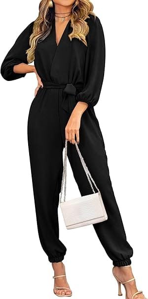 Elegant Summer Outfits 2026: Effortlessly Chic Looks You'll Love 10 Fashion model wearing elegant summer outfits featuring a PRETTYGARDEN black long-sleeve wrap V-neck jumpsuit with tie waist and pockets, styled for a cocktail party in the UK and USA.