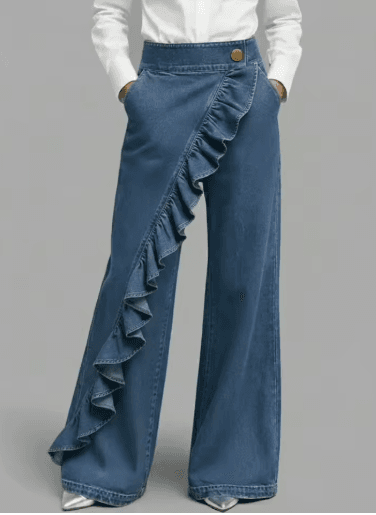 25 Minimalist Capsule Wardrobe Essentials 2026 | Timeless Pieces Every Woman Needs 9 A close-up shot of retro-style high-waist irregular A-line jeans in light blue, showcasing the unique button-fly design and asymmetrical hem, styled for a modern street-style look in 2026