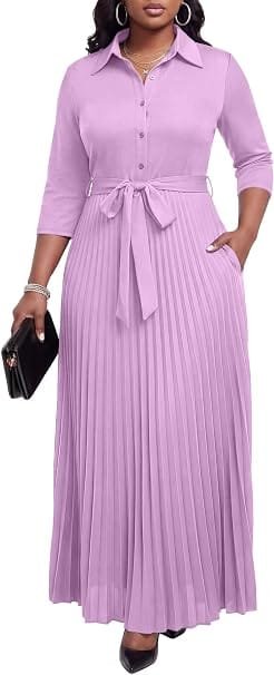 Elegant Summer Outfits 2026: Effortlessly Chic Looks You'll Love 14 Fashion model wearing elegant summer outfits featuring a light purple Runwind 3/4 sleeve button-down pleated maxi dress with a tie waist, styled for an office work and church event in the UK and USA.