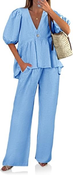 Elegant Summer Outfits 2026: Effortlessly Chic Looks You'll Love 11 Fashion model wearing elegant summer outfits featuring the Tankaneo light blue cotton-linen puff sleeve babydoll top and wide-leg pants set, styled for a summer vacation in the UK and USA.