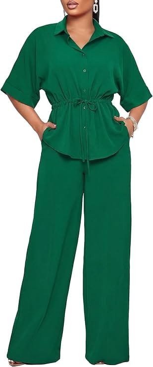 Business Casual Outfits for Women: 15 Best Work-Ready Looks for 2026 8 Professional two-piece business casual outfit for women featuring a short-sleeve button-down shirt and matching high-waisted flared trousers, styled for warm-weather office and urban wear.