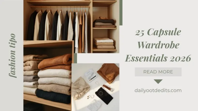 Flat-lay photography of 25 essential fashion items, including blazers, wide-leg trousers, and minimalist accessories for a 2026 capsule wardrobe