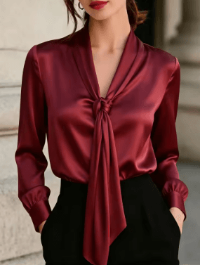 25 Minimalist Capsule Wardrobe Essentials 2026 | Timeless Pieces Every Woman Needs 11 A model wearing an elegant loose-fit blouse with a sophisticated tie-neck detail and long sleeves, showcased in multiple colors including Wine Red and White, styled as a professional office-ready piece for 2026.