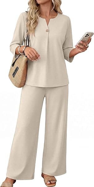 Elegant Summer Outfits 2026: Effortlessly Chic Looks You'll Love 5 Fashion model wearing elegant summer outfits featuring a WIHOLL beige 3/4 sleeve V-neck top and wide-leg lounge pants set, styled for a chic airport travel look in the UK and USA.