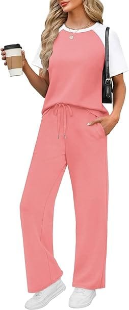 Elegant Summer Outfits 2026: Effortlessly Chic Looks You'll Love 13 Fashion model wearing elegant summer outfits featuring the WIHOLL coral color-block short-sleeve top and wide-leg lounge pants set, styled for a resort travel vacation in the UK and USA.
