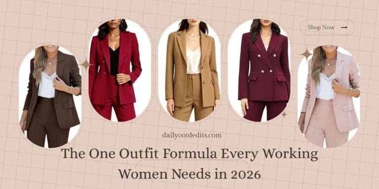 Collection of women's business casual outfits featuring wine red, black, and beige blazer pantsuit sets for the office in 2026
