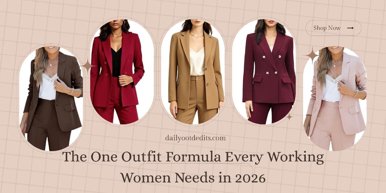 The Complete Business Casual Guide for Women (2026) 1 Collection of women's business casual outfits featuring wine red, black, and beige blazer pantsuit sets for the office in 2026