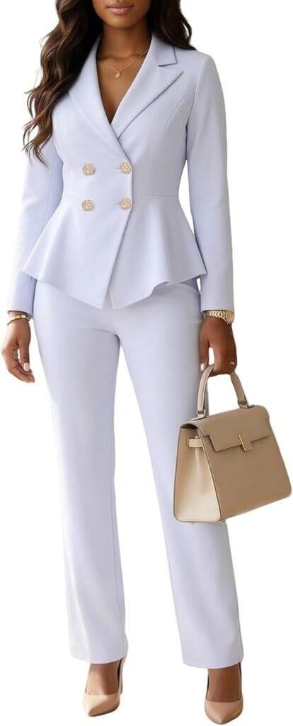 Business Casual Outfits for Women: 15 Best Work-Ready Looks for 2026 10 Professional double-breasted business casual pant suit for women featuring a tailored structured blazer and matching trousers, styled for executive office and career wear.